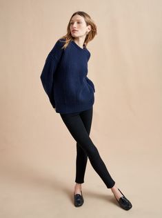 Toujours Sweater Navy – La Ligne Navy Crew Neck Sweater Outfit, Navy Blue Sweater Outfit, Navy Sweater Outfit, Perfect Spring Outfit, White Maxi Skirts, Navy Outfit, Blue Knit Sweater, Sweater Outfit, Navy Blue Sweater