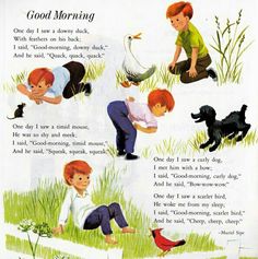 an old children's book with pictures of boys and dogs in the grass reading good morning