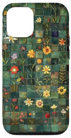 a phone case with flowers painted on the front and back cover, in green tiles