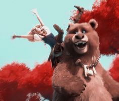 an animated bear and girl flying through the air with red trees in the back ground