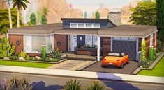 a house with a car parked in front of it and cactuses on the ground