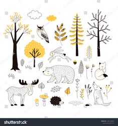 an image of animals in the forest with trees and leaves on white background stock photo