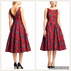 Adrianna-Papell Floral Cocktail Midi Fit And Flare Fully Lined Hidden Back Zip Closure Jacquard Pockets Beautiful Imported Fabric Brand New With Wholesale Tags V-Back Length 44 Inches Beautiful Elegant Red Floral Print Midi Dress, Formal Holiday Dresses With Floral Print, Floral Cocktails, Adrianna Papell Dresses, Floral Cocktail Dress, Adrianna Papell, Fit And Flare, Cocktail Dress, Colorful Dresses