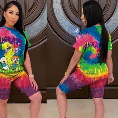 Women's Fashion Rugrats Tie Dye Short Sleeve Casual Printed Multicolor Top&shorts Two-piece Set Casual Suits Multicolor Cotton Short Set For Spring, Spring Multicolor Cotton Short Set, Multicolor Short Sleeve Short Set For Spring, Green Short Set For Summer, Casual Multicolor Short Set For Summer, Casual Mini Sets For Spring, Spring Matching Short Set, Casual Spring Sets In Mini Length, Casual Matching Set Shorts For Vacation