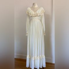 Vintage Gunne Sax Romantic Renaissance Wedding Dress 35 " Bust 30" Waist 57" Long Excellent Vintage Condition Empire Waist Wedding Dress With Ruffles, Empire Waist Ruffle Wedding Dress, Vintage Empire Waist Maxi Dress For Wedding, Vintage Empire Waist Wedding Maxi Dress, Floor-length Wedding Dress With Lace Trim, Off White Maxi Length Wedding Gown, Feminine Cream Wedding Gown, Vintage White Ruffled Wedding Dress, Cream Maxi Wedding Gown