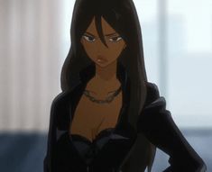 an anime character with long black hair wearing a dark suit and necklace, standing in front of a window