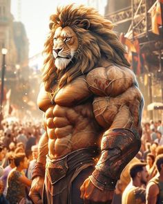 an image of a man in the middle of a crowd with a lion on his chest