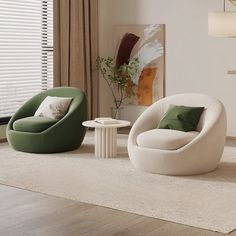 two green and white chairs in a living room