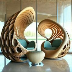 an artisticly designed chair and ottoman in a room