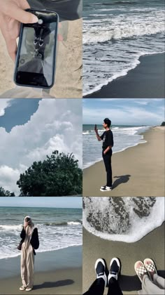 a person standing on top of a beach next to the ocean holding a cell phone