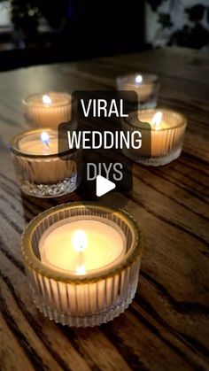 several candles sitting on top of a wooden table with the words virtual wedding diys