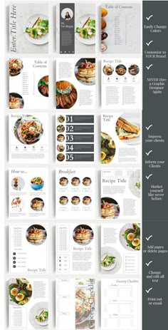 an image of a menu with different food items on it, including brochures and other