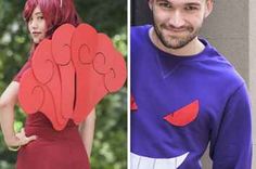 two photos one with red hair and the other with pink hair wearing an odd costume