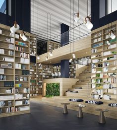 a library filled with lots of books next to tall wooden shelves covered in bookcases