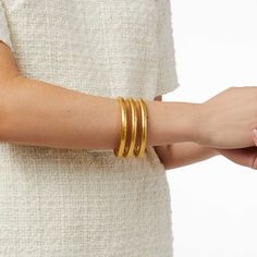 Elegant yet simple, this golden bangle features a lightly hand-hammered finish. An ornately geometric piercework interior adds lightness and luxury for wearing stacked or solo. Julie Vos, Gold Plated Bangles, Stacked Bangles, Bas Relief, Fine Linens, Holiday Items, Bold Fashion, Elegant Gift, Gold Bangles