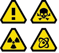 four warning signs with skull and crossbones in black and yellow colors on a white background