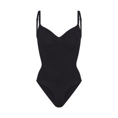 Our viral sculpting bodysuit, updated for an even better fit. This figure-enhancing style has extra compression at the core and waist, perfectly-placed style lines that flatter your bust, and rounded butt pockets for a lifted look. Features adjustable straps, a wide crotch for added coverage, and a cotton gusset with snap closure. Fits true to size. | SKIMS Brief Bodysuit | Black | Seamless Sculpt Sculpting Bodysuit, Shapewear Bodysuit, Birthday List, Personal Marketing, Body Suit, Black Bodysuit, Kim Kardashian, Shapewear, Breathable Fabric