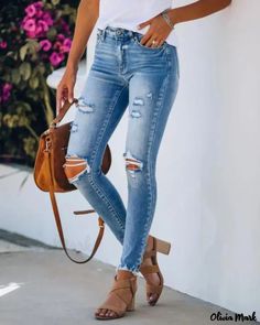 Color: blue, Size: M Womens Ripped Jeans, Light Jeans, Stylish Pants, Faded Denim, Measurement Chart, Ripped Denim, Trend Fashion, Washed Jeans, Cut Jeans