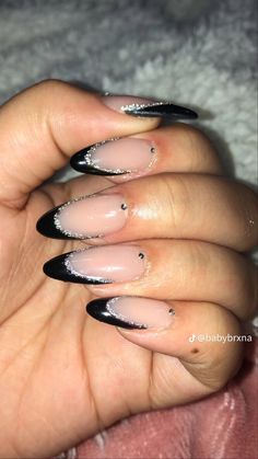 Navy And Silver Nails, Black Nail Tips, Nye Nails, Pink Tip Nails, Black Nails With Glitter, Band Nails, Fake Nails Designs