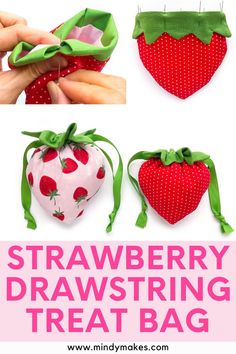 the strawberry drawstring treat bag is made from fabric