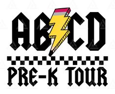 the abcd pre k tour logo is shown in black and yellow with a lightning bolt