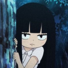 an anime character with long black hair standing in the woods