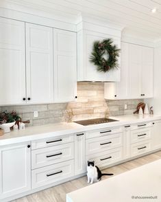 a black and white cat sitting in the middle of a kitchen