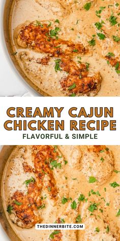 creamy cauliflower chicken recipe in a pan with the title above it and below