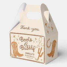 Giddy up and get ready to celebrate with our "Boots and Bubbly" Western Bridal Shower Favor Box! Perfect for a bride who loves a blend of country charm and bubbly fun! Matching items in Cava party design. Boots And Bubbly, Cowgirl Bridal Shower, Barn Wedding Favors, Western Bridal Showers, Beige Bridesmaids, Cowgirl Bachelorette, Country Theme Wedding, Bridesmaid Boxes, Bachelorette Favors