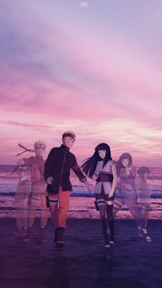 anime characters walking on the beach at sunset