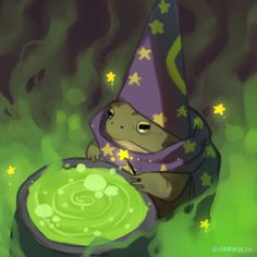 a cartoon mouse dressed in a wizard's hat and holding a green liquid bowl