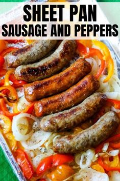 sausages and peppers on a sheet pan with text overlay that reads, sheet pan sausage and peppers