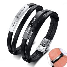 "This Men Black Personalized Leather Bracelets Engraving Customize Info is made of Stainless Steel+Leather.You can engrave with a name, phrase or date of your choosing inscribed on the ID Tag of the bracelet as a personalized gift for yourself or the one you loved.Come to engrave now. ★ Item Description: * Material:High Quality Stainless Steel+Leather * Clasp Type:Toggle-clasps * ID Tag size:41*7mm * Length:20.5cm/8.07Inch * Weight:11g * Color:Gold/Black/Silver * Environmental Standard:Lead, Nic Personalized Leather Bracelets, Leather Bracelets For Men, Personalized Leather Bracelet, Leather Bracelets, Personalized Leather, Custom Leather, Kid Names, Gold Black, Bracelets For Men