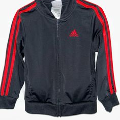 Adorable Adidas Warm-Up Jacket New Without Tags Sz 4t Full Zip Black With Applied Red Stripes To Outer Sleeves And Screen Printed Adidas Logo On The Back Fleece Lined Front Pockets All Measurements Taken Flat Across In Inches Length: 17.25 Top Of Shoulder To Hem Chest: 13 Across Underarms Questions? Please Message Me From A Clean, Smoke Free Home Black Long Sleeve Tops For Playwear, Adidas Shirt, Adidas Logo, Black Adidas, Kids Shirts, Black Red, Shirts Tops, Vision Board, Black And Red