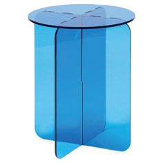 a blue glass side table with an open section on the top and one section at the bottom