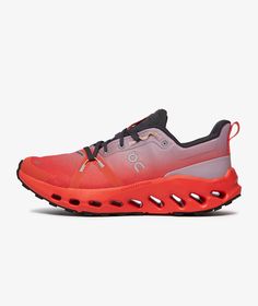 the on cloud running shoe is bright orange and grey, with black outstep