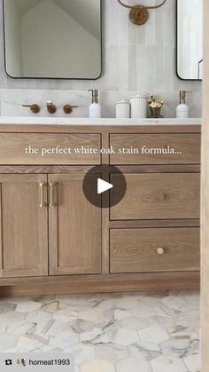 a bathroom vanity with two mirrors above it and the words, the perfect white oak formula