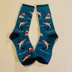 Women’s Shark Crew Socks Sz 6-10 Acrylic Blend, Nwot, “Jaws” For Your Feet!! Casual Blue Mid-calf Socks, Shark Pjs, Shark Items, Shark Things, Shark Clothes, Shark Accessories, Animal Outfit, Shark Stuff, Shark Socks