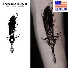 inkartlink temporary tattoos on the left arm and forearm with an artistic feather tattoo design