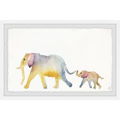 an elephant and her baby are walking in the watercolors on paper with white background