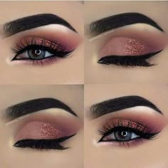 Maquillajes Blush Color Makeup Looks, Pink Eye Shadow Looks, Shadow Eyes, Party Eye Makeup, Koleksi Makeup, Rose Gold Eye Makeup, Make Up Gold, Festival Make Up