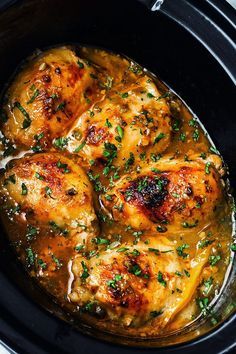 the chicken is cooked and ready to be served in the slow cooker