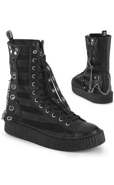 SNEEKER-325 Black Vegan Leather Fishnet Creeper Sneakers-Demonia-Tragic Beautiful Emo Boots, Edgy Shoes, Punk Festival, Demonia Boots, Goth Shoes, Demonia Shoes, Gothic Shoes, Floral Boots, Shoes And Boots