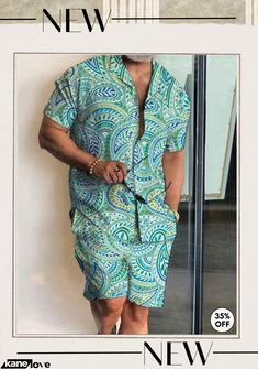 Men Casual Lapel Short-sleeved Printed Loose Shirt and Shorts Two-piece Set Casual Green Sets With Pockets, Casual Printed Collared Set, Casual Collared Beach Sets, Casual Beach Sets, Summer Green Collared Sets, Casual Short Sleeve Printed Sets, Casual Printed Short Sleeve Sets, Patchwork Shorts, Suits Men