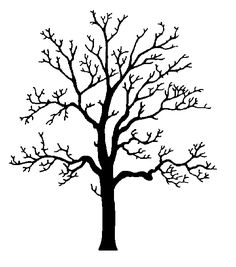 a black and white silhouette of a tree with no leaves on the branches, against a white background