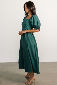 Versatile midi that can be dressed up or down for any occasion Solid green color Linen blend material has no stretch Square neckline with elastic at shoulders Smocking at back bodice Mid-length sleeves with elastic and ruffle detail at cuffs Functional side pockets Lined until mid-thigh, excluding sleeves Self: 70% Viscose, 30% Linen Lining: 100% Polyester Mei Li is 5’3, cup size 32A, size 0/2 and wearing size S Mid Sized Wedding Guest Dress, Wedding Guest Dresses Long Sleeve, Viscose Midi Dress, Green Wedding Guest Dress, Wedding Guest Midi Dress, Winter Wedding Outfit, Formal Midi Dresses, Engagement Party Outfit Guest, Winter Wedding Guest Outfit