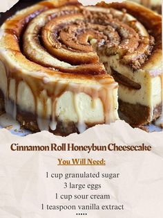 cinnamon roll honey bun cheesecake recipe with instructions on the front and back cover in white paper