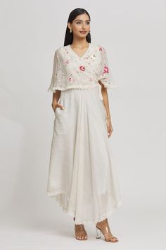 Ivory dress with stripe woven motifs and floral hand painted work. - Aza Fashions Ivory Dress, Cape Sleeves, Ivory Dresses, Cape Dress, Cut Work, Dress For Women, Dress Pattern, Cotton Silk, Aza Fashion