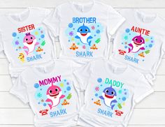 Shark Birthday Shirts  Please read all the info before placing your order. The price you see is per shirt, please read the size chart in the last pictures of listings before placing your order. How to order a shirt:  *Select the STYLE  *Select the SIZE  *Select the Quantity  *Add Personalization  *Add to cart  *Go back and Repeat for each size (if you need more than one shirt) SHIRTS INFO: *Color: White, 100% Cotton *Shirts are loose fit for unisex sizing, please see size chart for your most acc White Themed T-shirt With Name Print, Funny White Birthday Shirt, Customizable Short Sleeve T-shirt For First Birthday, Funny White Shirt For Birthday, Funny First Birthday T-shirt, Fun Personalized T-shirt For Birthday, Fun White Shirt For First Birthday, White Novelty T-shirt For Birthday, Personalized Fun Short Sleeve T-shirt