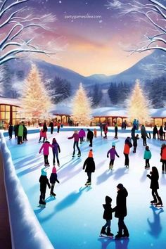 a group of people skating on an ice rink in the snow at christmas time with trees and lights